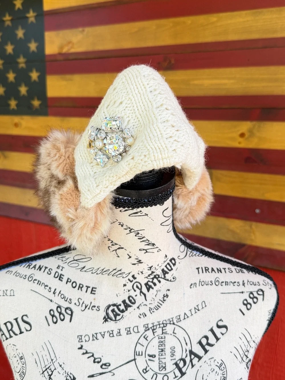 Juicy Couture Cream Faux Fur Ear Warmer Headband with Crystal Accent